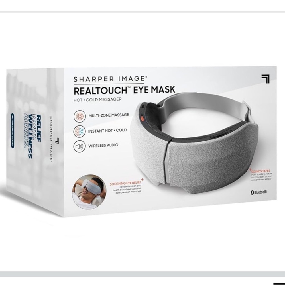 New! Sharper Image RealTouch Eye Mask, Hot + Cold Massager, Bluetooth